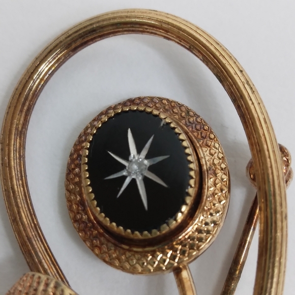 Unsigned Designer Black Glass 14K GF Clear Rhinestone Flower Brooch Vintage - Picture 4 of 7